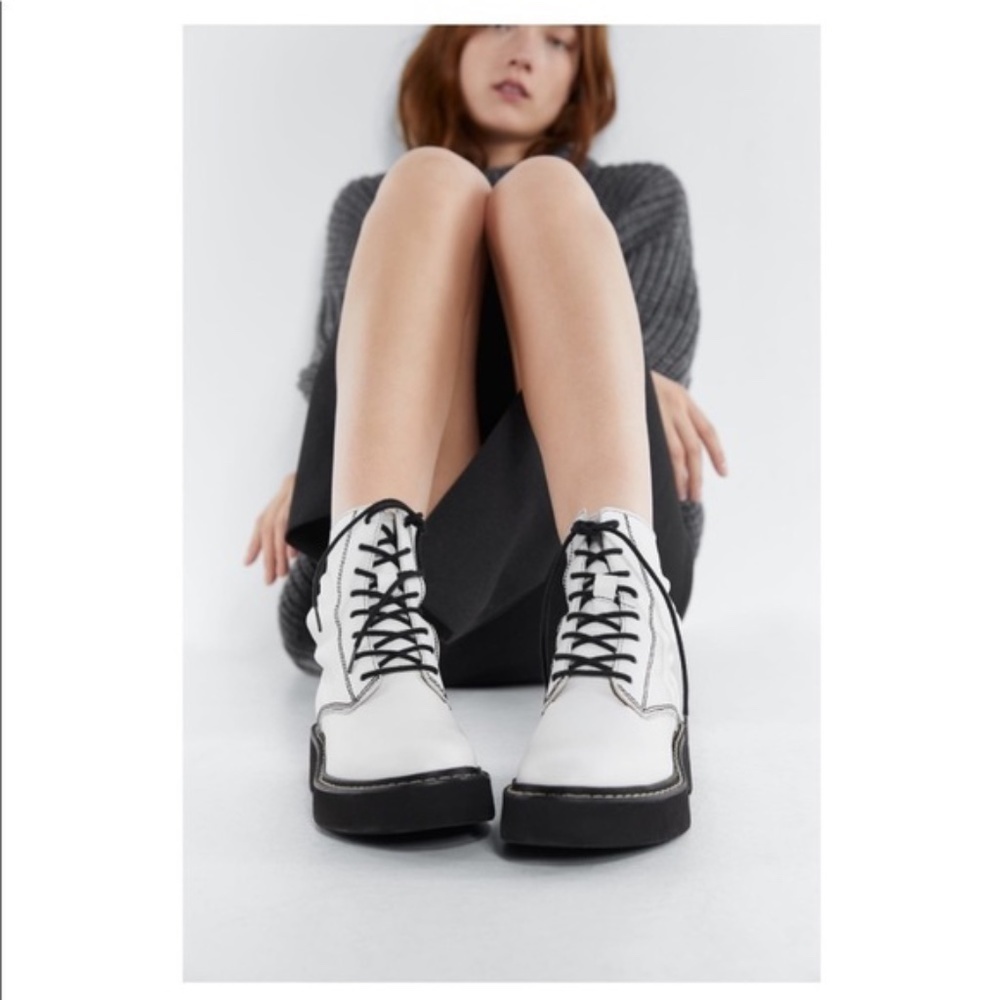 Zara White Lug Sole Combat Leather Ankle Boots​